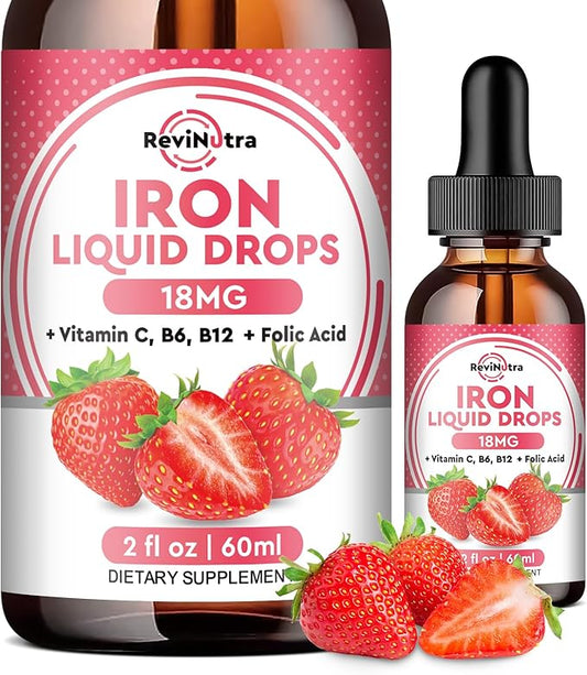 Liquid Iron Supplement for Women, Men & Kids, Liquid Iron Drops with Folate, Vitamin C, B6, B12 for Anemia, Red Blood Cell, Energy Support, Strawberry Flavor, 2 Fl Oz
