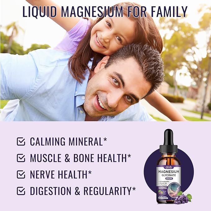 Magnesium Glycinate Liquid Drops 500mg, with Vitamin B6, Ashwagandha, L - Theanine, Chamomile, Magnesium Glycinate Supplement High Absorption for Sleep, Stress, Energy, Mood - Grape Flavor, 2 FL.OZ