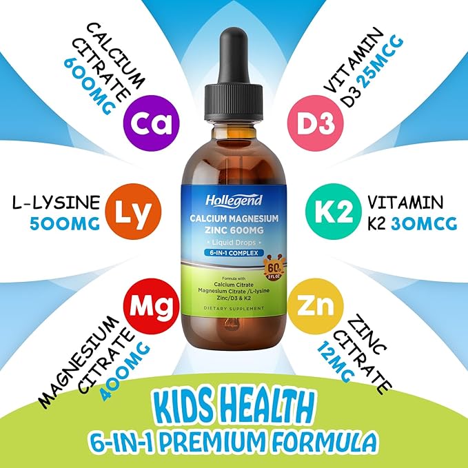 Liquid Calcium Citrate Drops with L-Lysine 500mg, Magnesium & Zinc, Calcium Citrate 600mg Supplement with Vitamin D3 & K2 for Kids & Adults, 2 Fl Oz