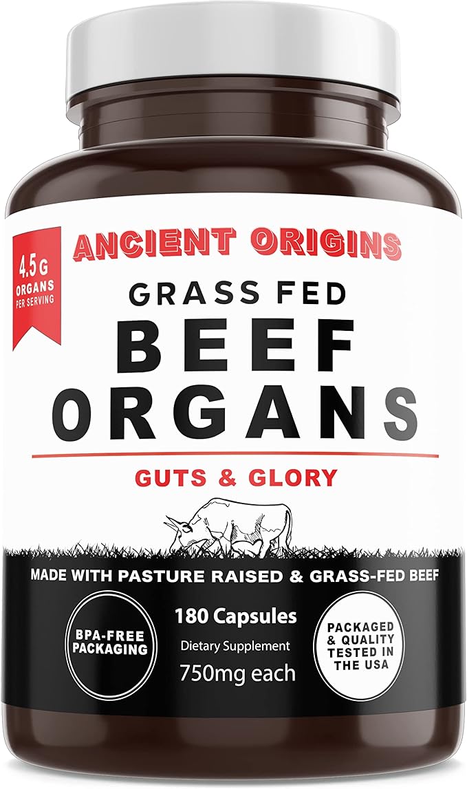 Ancient Origins Grass Fed Beef Organs Supplement 4500mg - Desiccated Liver, Bone Marrow, Heart, Spleen, Pancreas & Kidney, Non-GMO, Gluten Free, Undefatted (180 Capsules, 750mg Each)