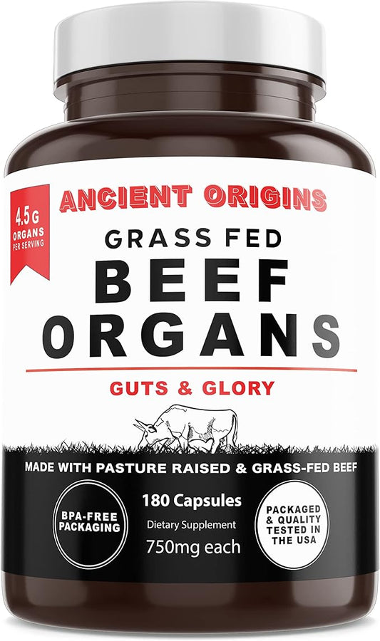 Ancient Origins Grass Fed Beef Organs Supplement 4500mg - Desiccated Liver, Bone Marrow, Heart, Spleen, Pancreas & Kidney, Non-GMO, Gluten Free, Undefatted (180 Capsules, 750mg Each)