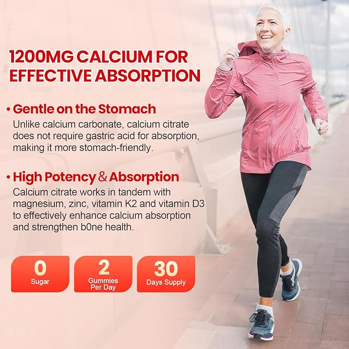Calcium Citrate Gummies 1200mg for Adults: Ultimate Absorption Calcium Magnesium D3 K2 Supplement for Women & Men - Supports B0ne Strength, Immune(60Count)