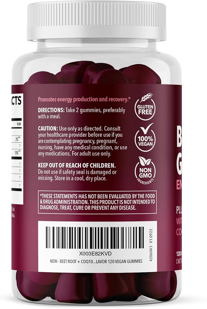 Beet Root Gummies with COQ10 & Pomegranate - Nitric Oxide Supplement for Men and Women - Endurance, Performance, Recovery - Vegan, Non-GMO, Gluten Free - Mixed Berry Flavor, 2 Month Supply