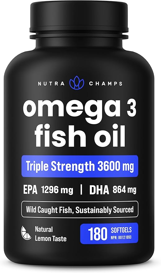 NutraChamps Omega 3 Fish Oil Supplements 3600mg with EPA & DHA, High Potency Omega 3 Supplement to Support Heart, Immune Health, 180 Natural Lemon Burpless Fish Oil Capsules