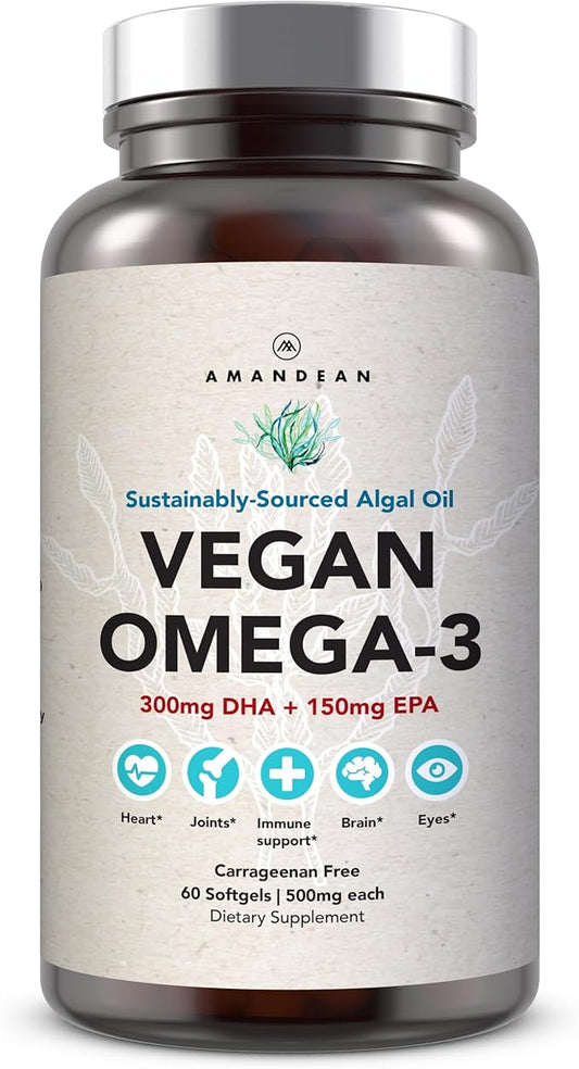AMANDEAN Vegan Omega 3 Supplement. Premium Fish Oil Alternative. Algae DHA & EPA. Carrageenan Free Softgels. Algal Essential Fatty Acids. Plant Based Heart, Brain, Eye, Skin, Immune Support. (60ct)