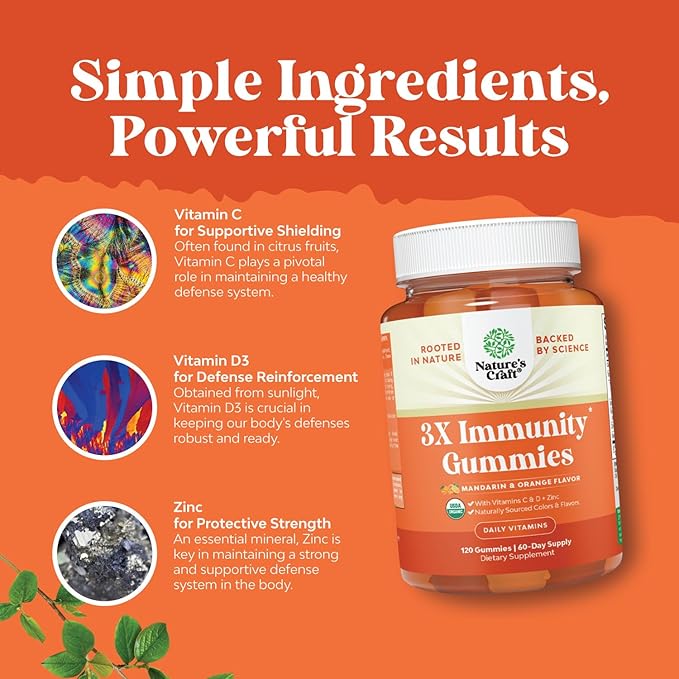Natures Craft Vegan Organic Immune Support Gummies - D3 Zinc and Vitamin C Gummies for Adults Immunity - Organic Vitamin D for Adults Immune Support Supplement Gluten Free & Non-GMO (60 Servings)