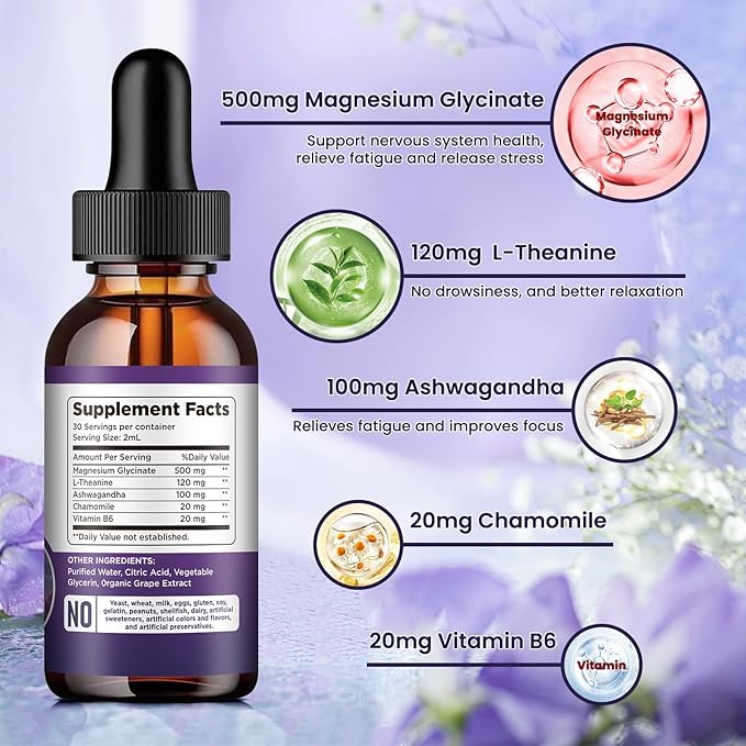 Magnesium Glycinate Liquid Drops 500mg, with Vitamin B6, Ashwagandha, L - Theanine, Chamomile, Magnesium Glycinate Supplement High Absorption for Sleep, Stress, Energy, Mood - Grape Flavor, 2 FL.OZ
