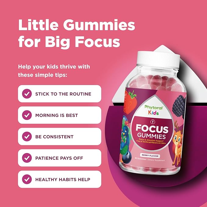 Phytoral Vegan Kids Focus Gummies - Potent Chewable Brain Support for Children - Enhances Concentration & Memory - Calming Supplements & Focus Gummies for Kids - Non-GMO & Gluten-Free - 60 Count