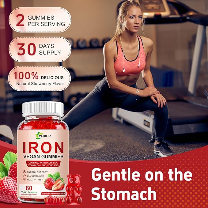 Iron Supplement Gummies for Women, Men & Kids, 65mg Iron & 250mg Vitamin C per Serving - Healthy Blood, Energy & Immune Support Iron Vitamin Gummy with Folate, 2 Pack