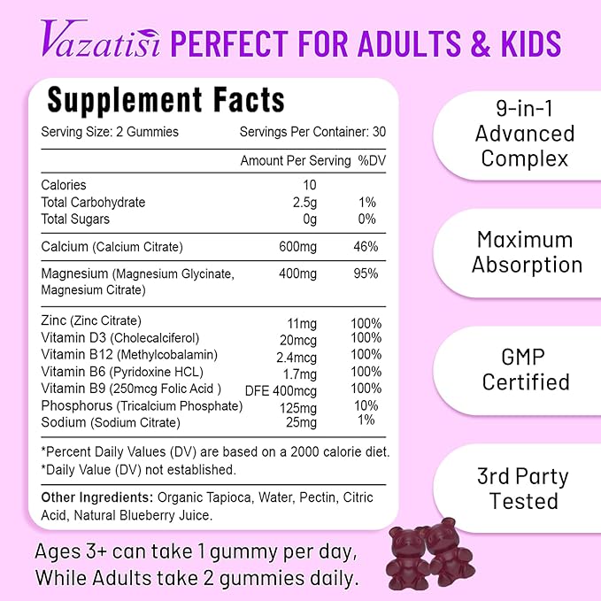 Calcium Magnesium Zinc Gummies with Vitamin D3 & B12, Sugar Free Calcium Supplements for Women Men, Support Immunity, Vegan Blueberry Flavor