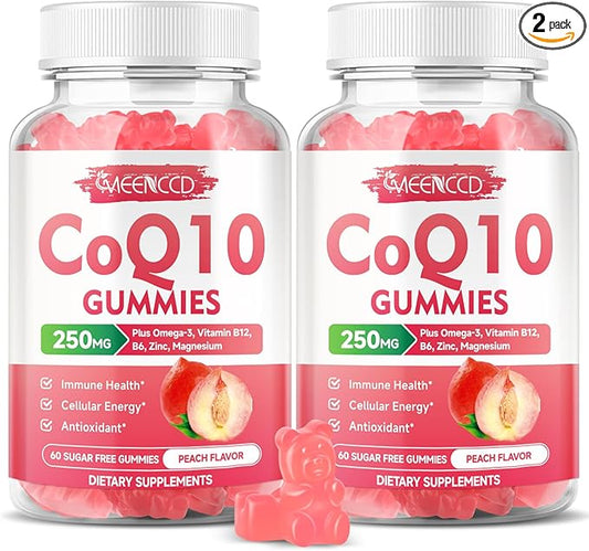 CoQ10 Gummies 250mg, Coenzyme Q10 Supplements Plus Omega-3, Vitamin B6 & Zinc, High Absorption CoQ10 Supplement for Cellular Energy & Antioxidant Support, Vegan, Peach Flavor, 120 Count