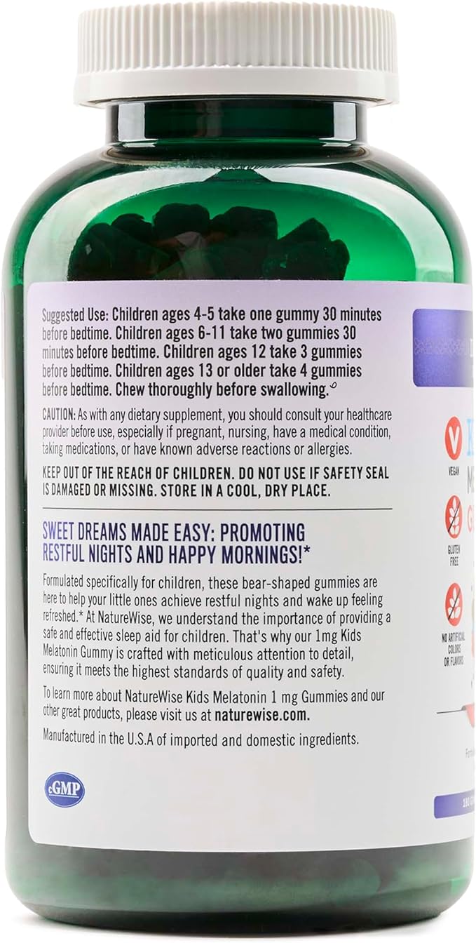 Naturewise Kids Melatonin Gummies 1 mg - Drug-Free, Non-Habit Forming Sleep Aid for Children Ages 4 & Up - Strawberry Flavored Gummy Bears - Vegan, Gluten Free, Non-GMO - 180 Count[6-Month Supply]