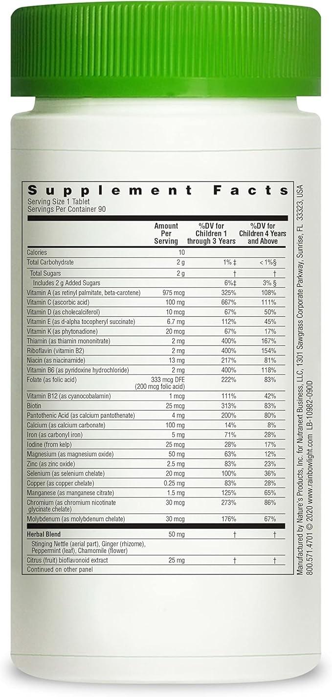 Rainbow Light Kids One Multivitamin, Chewable Multivitamin for Kids Provides Healthy Growth and Immune Support, With Vitamin C, Zinc, & B Complex, Vegetarian and Gluten Free, Fruit Punch, 90 Count