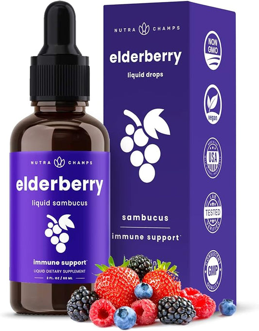 NutraChamps Black Elderberry Syrup, Potent 2000mg 10:1 Extract Sambucus Elderberry Syrup Antioxidant, Elderberry Drops Berry Flavor, Liquid Elderberry Extract Sugar-Free 2oz, Immune Support