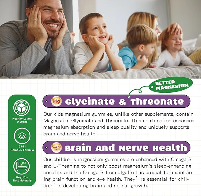 Magnesium Complex Gummies for Kids & Adults- Magnesium Glycinate, Threonate Supplement- Support Calm Stress Relief, Bones, Mood Vegan- Sugar-Free Grape Flavor, 60 Gummies