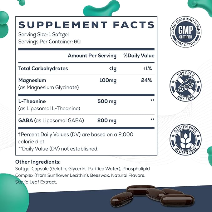 Liposomal L-Theanine 500mg, Complex with GABA 200mg & Magnesium 100mg, Extra Strength Supplement for Calm, Relaxation & Focus, Gluten Free - 60 Capsules