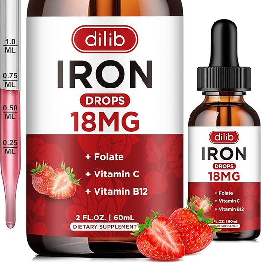 Liquid Iron Supplement for Women & Men Iron Drops Iron Supplements for Anemia with Folate, Vitamin C, B12 for Red Blood Cell Support-Strawberry, 2 Fl Oz
