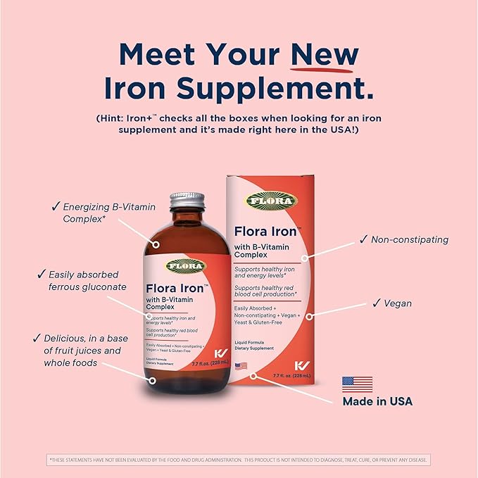 Flora Iron - Vegan Liquid Iron Supplement with B Vitamins - Offers Red Blood Cell & Energy Support - Yeast-Free & Gluten-Free - Delicious Fruit Juice Base - 7.7 fl. oz. Glass Bottle