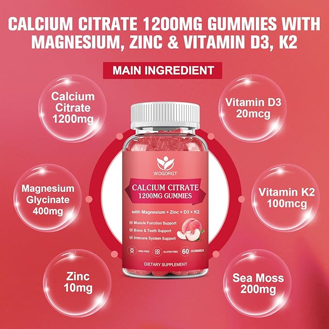Calcium Citrate 1200mg Gummies with Vitamin D3 K2 - Chewable Calcium Magnesium Zinc d3 Supplement with Sea Moss Extract for Bone, Teeth, Immune Support for Women & Men, White Peach Flavor - 60 Gummies