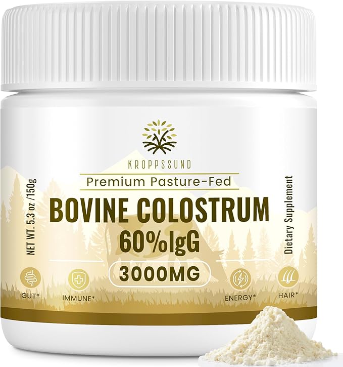 Kroppssund Bovine Colostrum Powder Supplement 3000 mg - Extra High 60% IgG Bovine Colostrum - Gut, Bone, Exercise, Immune - 50 Servings (1 Bottle)