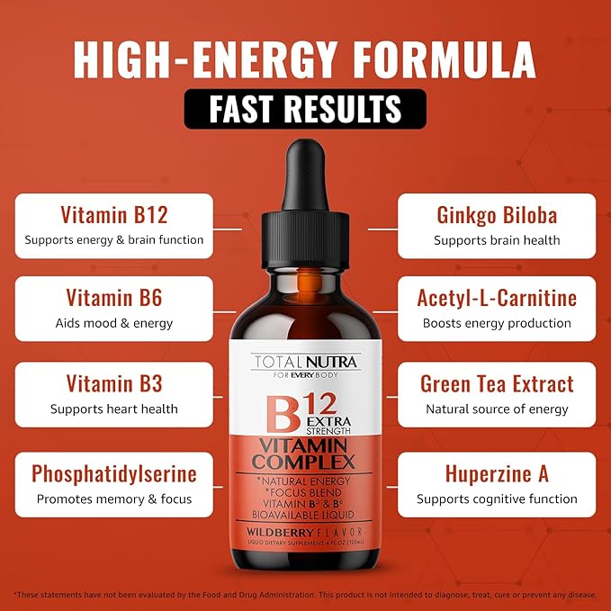 Extra Strength Liquid B12 Vitamin Drops- Vitamins B12, B6, B3- Vegan and Non GMO- Instant Energy, Focus & Metabolism Support with Green Tea, Carnitine & Ginkgo Biloba- Alternative to B Complex Capsule