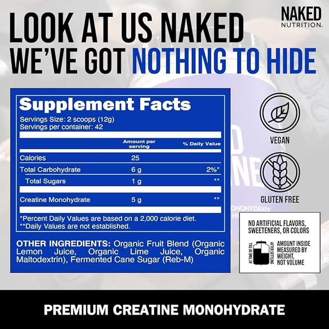 Naked Pure Micronized Lemon Lime Creatine Monohydrate - 42 Servings - 500 Grams, 1.1Lb Bulk, Vegan, Non-GMO, Gluten Free, Soy Free. Aid Strength Gains, No Artificial Ingredients Creatine