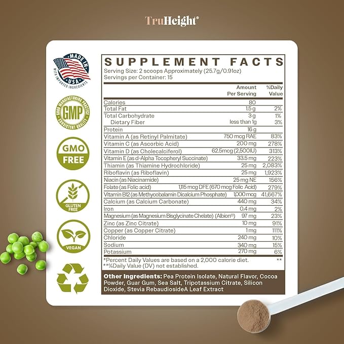 TruHeight Growth Protein Shake (Chocolate Milk Flavor, Plant) Natural Growth & Development Protein Powder for Kids & Teens - Weight Gain Drinks, Endorsed by Pediatricians, Picky Eater Vitamin, Ages 5+