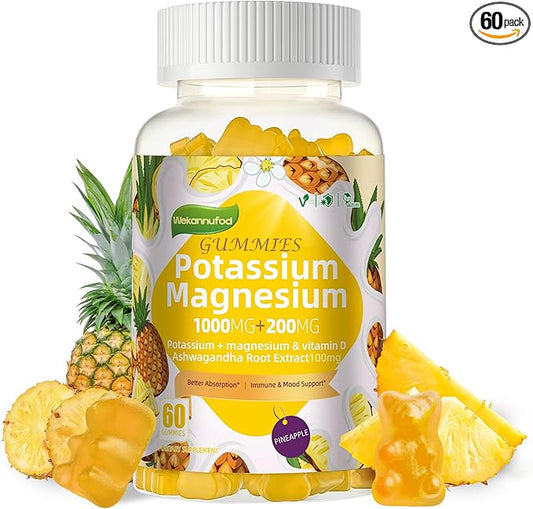 Potassium Magnesium Gummies,High Absorption Magnesium Glycinate,B6,D3,Potassium Citrate for Leg Cramps,Muscle,Electroyte for Adults Kids,Sugar-Free, 60 Gummies (Pineapple)
