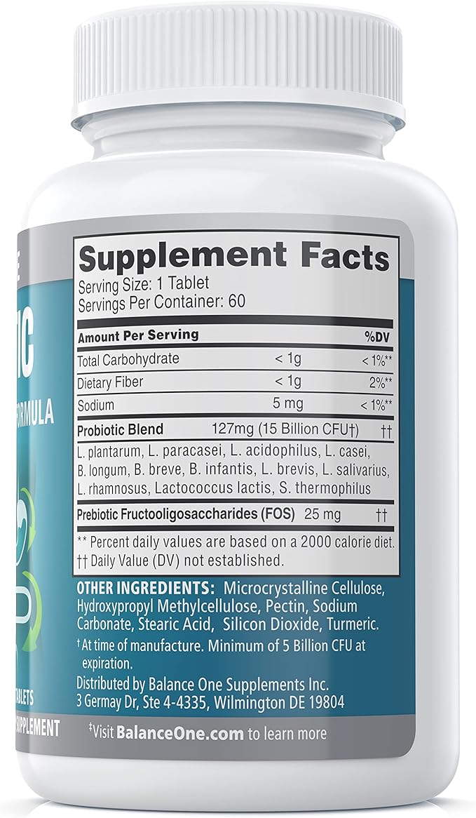 Balance ONE Probiotics for Women & Men – 15x Better Survivability vs Capsules – 15 Billion CFU Probiotic for Gut Health – 12 Strains Lactobacillus Plantarum, Acidophilus & Salivarius – 60 Tablets