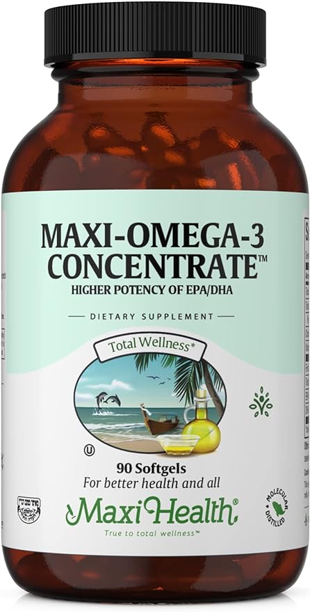 Maxi Health Omega 3 Supplement - Omega-3 Fish Oil Concentrate - Higher Potency Source of EPA/DHA Fatty Acids - Heart, Brain & Joint Health - Kosher Certified Wild Caught Fish - 90 Vegetarian Softgels