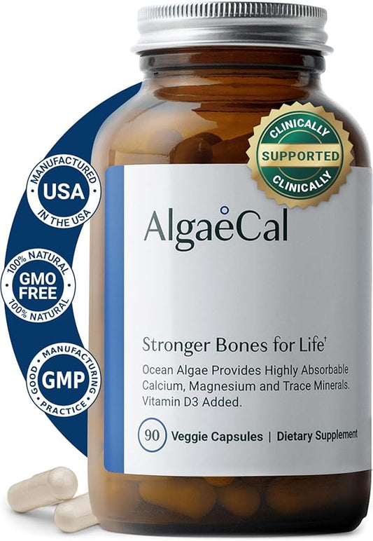 ALGAECAL - Plant Based Calcium Supplement with 13 Bone Supporting Minerals + Vitamin D3 (1000 IU) clinically Shown to Stop Bone Loss. Organic Calcium (750 mg), 90 Veggie Caps