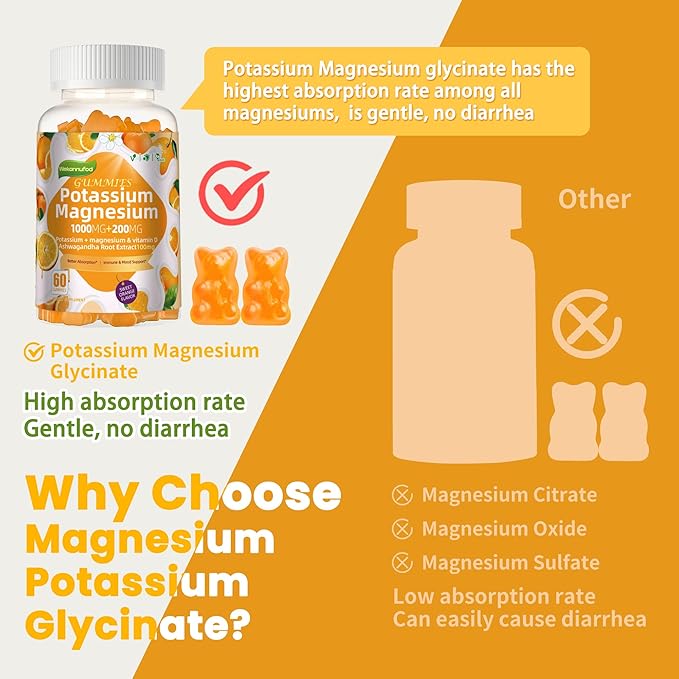Potassium Magnesium Gummies,High Absorption Magnesium Glycinate,B6,D3,Potassium Citrate for Leg Cramps,Muscle,Electroyte for Adults Kids,Sugar-Free, 60 Gummies (Sweet Orange Flavor)