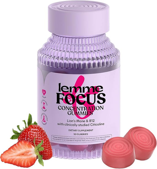 Lemme Focus Concentration & Brain Health Gummies with Cognizin Citicoline, Lion's Mane Mushroom, Vitamin B12 to Support Focus + Concentration - Gluten Free, Caffeine Free, Strawberry (50 Count)