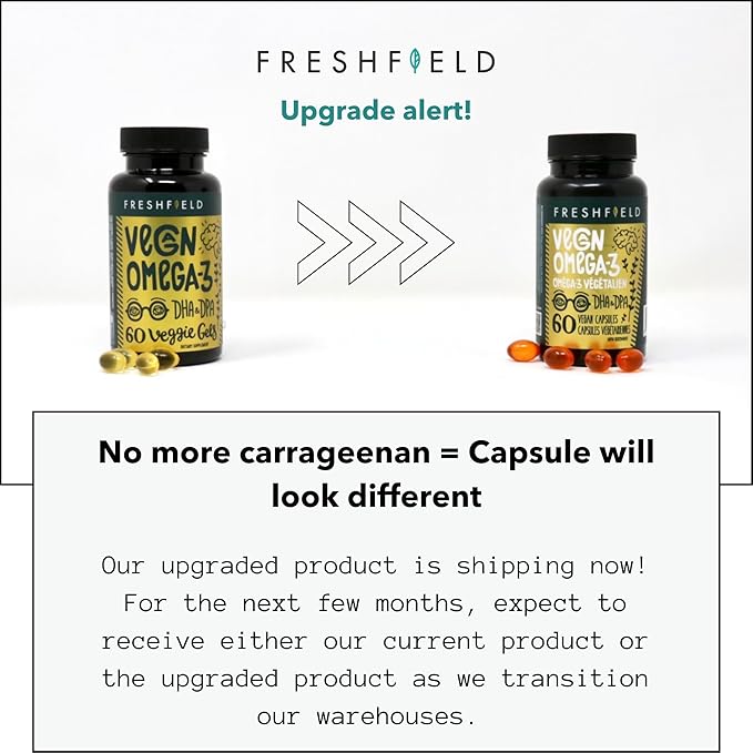 Freshfield Vegan Omega 3 DHA: Algae Oil, Carrageenan Free, Sustainably Sourced, Tested, No Heavy Metals, Replacement for Fish Oil, Carbon Neutral. Supports Heart, Brain, Joint Health w/DPA