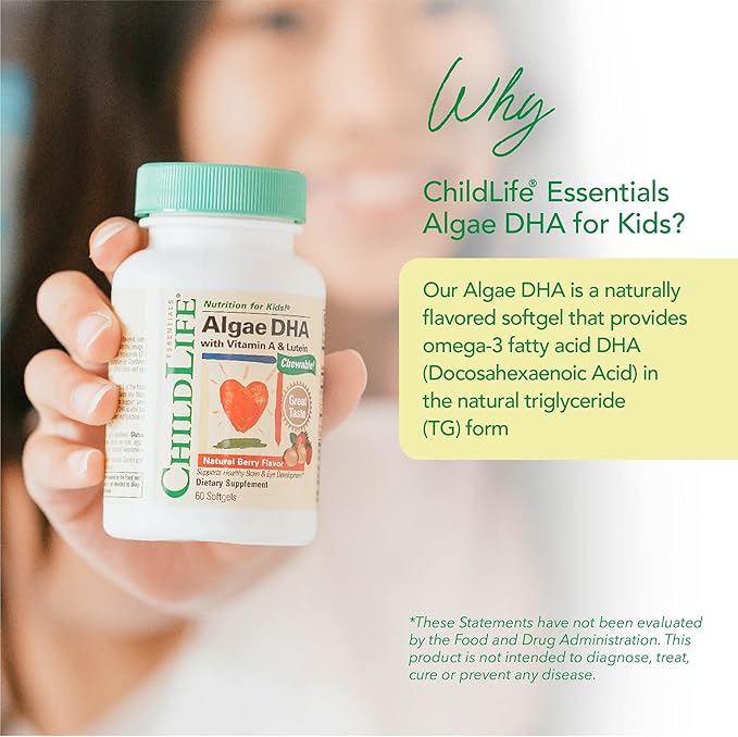 ChildLife Essentials Algae DHA for Kids - Omega 3 Supplement & Fish Oil Alternative - Algae Oil for Toddlers & Children - Natural Berry Flavor, 60 Chewable Softgels