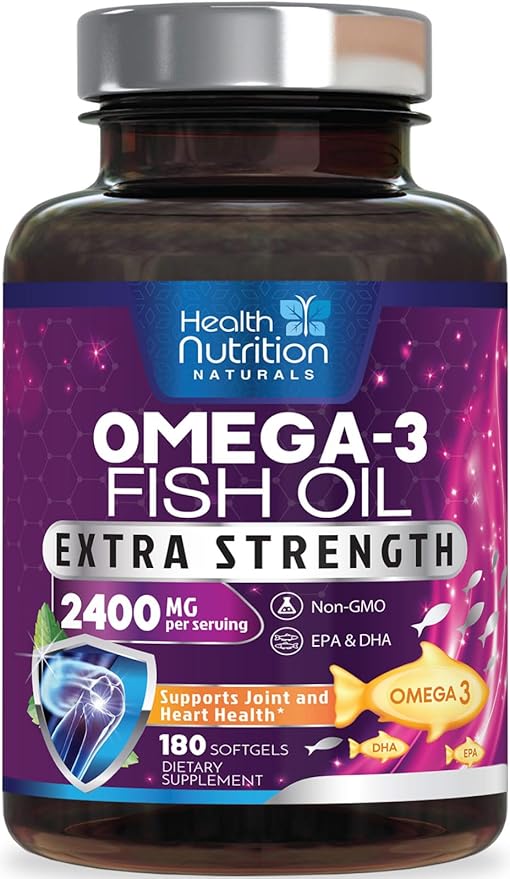 Omega 3 Fish Oil 2400 mg - Triple Strength Omega3, EPA & DHA Fatty Acids Supplement - Natural Support for Immune, Heart & Brain Health - Wild Caught, Non-GMO, Lemon Flavor, Burpless - 180 Softgels