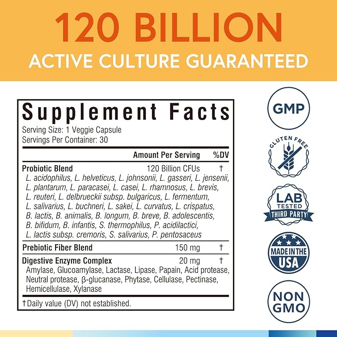 Terranics Probiotics 120 Billion with Prebiotics & Digestive Enzymes, 30 Tested Strains, Complete Digestion & Immune Support, Non-GMO, NO Soy, Dairy & Gluten, for Men and Women, 30 Veggie Capsules