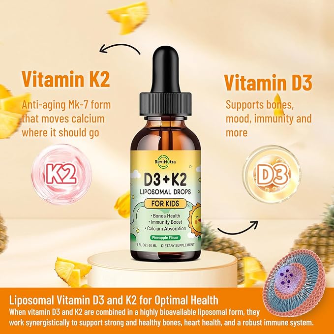 Vitamin D3 K2 Drops for Kids, Liposomal Liquid K2 D3 Vitamin Supplement with Calcium Magnesium Zinc, Vitamin B12, C, E for Kids & Adults Strong Bones Teeth & Heart, Pineapple Flavor 2 Fl Oz