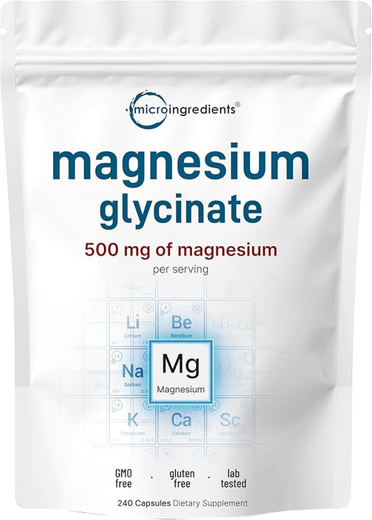 Micro Ingredients Magnesium Glycinate 500mg Per Serving, 240 Capsules | Potent Elemental Form, 100% Chelated, High Absorption | Healthy Muscle, Bones, & Mood Support Supplement | Non-GMO