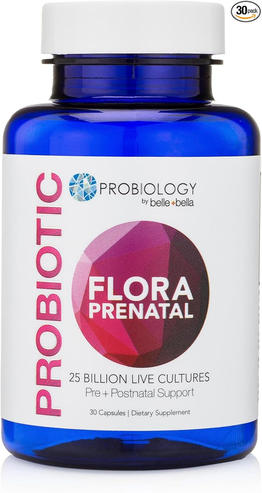 belle+bella Probiology Flora Prenatal Capsules - Dual Action Probiotic & Prebiotic Supplement with Folic Acid for Prenatal & Postnatal Women - Non-GMO, Vegan & Gluten Free - 30 Caps