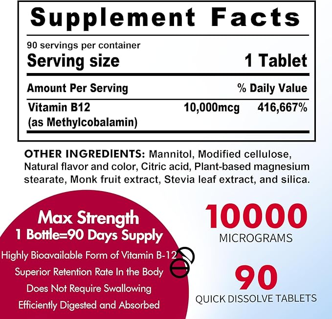 B12 Vitamins 10,000 mcg, Methylated Vitamin B12 Sublingual - Energy Boost, Focus, Metabolism & Brain Health Support, Immune System Support, Fast Dissolve, Natural Strawberry Flavor, 270 Servings