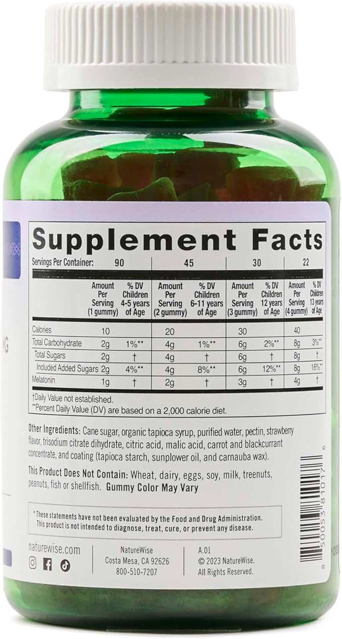 Naturewise Kids Melatonin Gummies 1 mg - Drug-Free, Non-Habit Forming Sleep Aid for Children Ages 4 & Up - Strawberry Flavored Gummy Bears - Vegan, Gluten Free, Non-GMO - 90 Count[3-Month Supply]