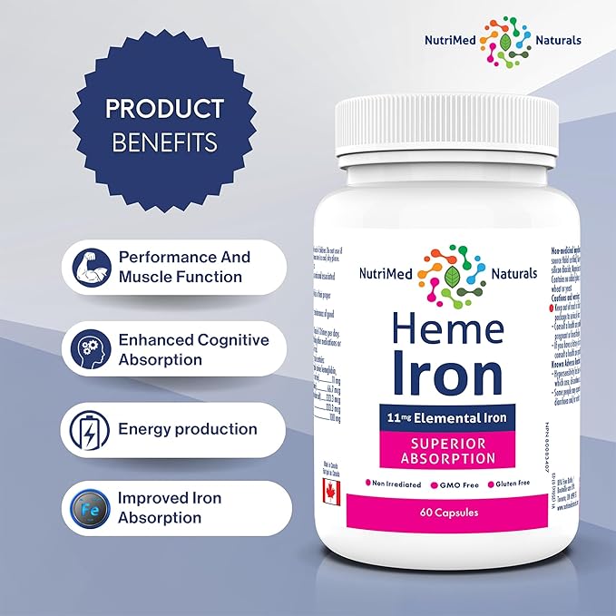 Heme Iron Supplement - 60 Capsules, 11mg Elemental Iron for Superior Absorption - Ideal Iron Supplements for Women