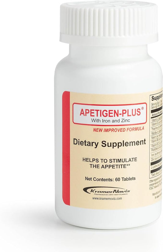Apetigen-Plus® Vitamin C, E, B-1, B-2, B-3, B-5, B-6, B-12, Zinc, Iron, and L-Lysine Supplement, Helps to Stimulate The Appetite, C, E B-Vitamins, Sugar-Free, No Fish Oil. 60 Tablets
