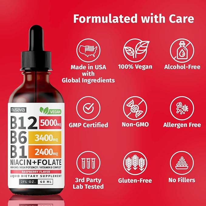 (2 Pack) Vitamin B12 and B6 Liquid Drops, B12 Sublingual Vitamin B Complex - B 12 Vitamin 5000mcg - B12 Methylcobalamin for Energy, Brain, and Heart Support with 27,200 mcg, Raspberry, 80 Servings
