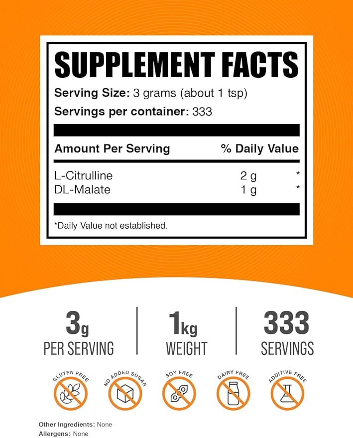 BulkSupplements.com L-Citrulline Malate 2:1 Powder - L Citrulline Malate Supplement, Citrulline Malate Powder - Unflavored & Gluten Free - 3g per Servings, 1kg (2.2 lbs) (Pack of 1)