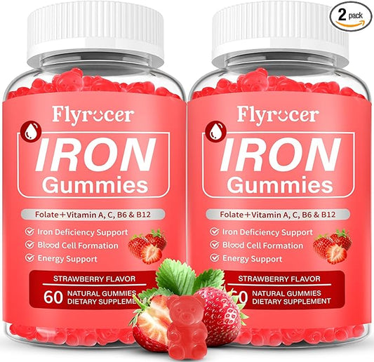 2 Pack Iron Gummies for Men and Women, Energize, Combat Fatigue, Support Anemia Recovery. Packed with Iron, Folate, Vitamin C, in Vegan Strawberry Flavor, 120 Gummies