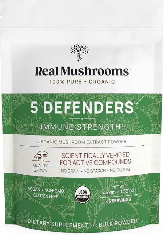 Real Mushrooms 5 Defenders Powder - Organic Mushroom Extract w/Chaga, Shiitake, Maitake, Turkey Tail, Reishi Supplement Vegan, Non-GMO, 45 Servings