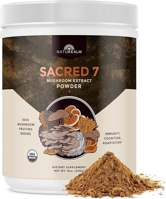 Naturealm - Sacred 7 Mushroom Extract Powder - Filler-Free - Organic - 100 Percent Fruiting Bodies - 8 Oz
