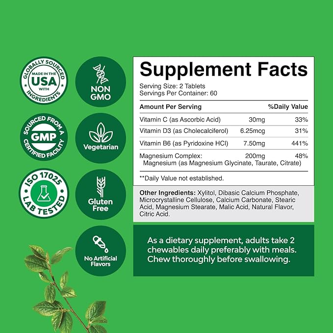 Sugar Free Magnesium Glycinate Chewable - Chewable Magnesium for Adults & Kids with Glycinate Taurate & Citrate Complex Plus Vitamins D3 B6 & C - Vegetarian Non-GMO & No Artificial Flavors (60 Day)